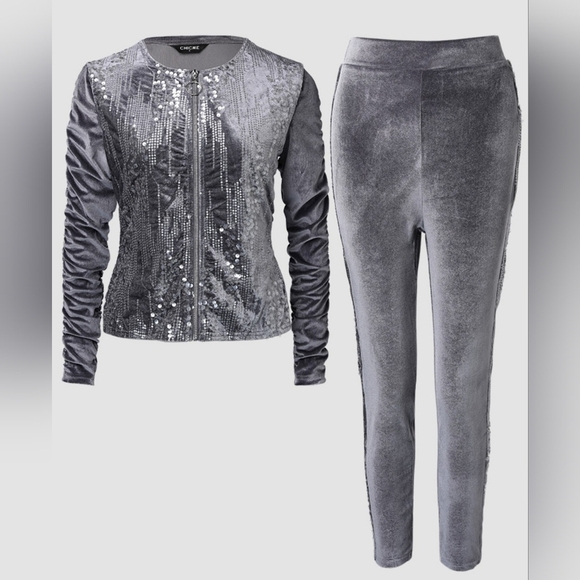 Chic Me Sparkling Velvet Sequin Tracksuit Women's Small (4-6) Flaw On Pants, Y2K - Picture 2 of 9
